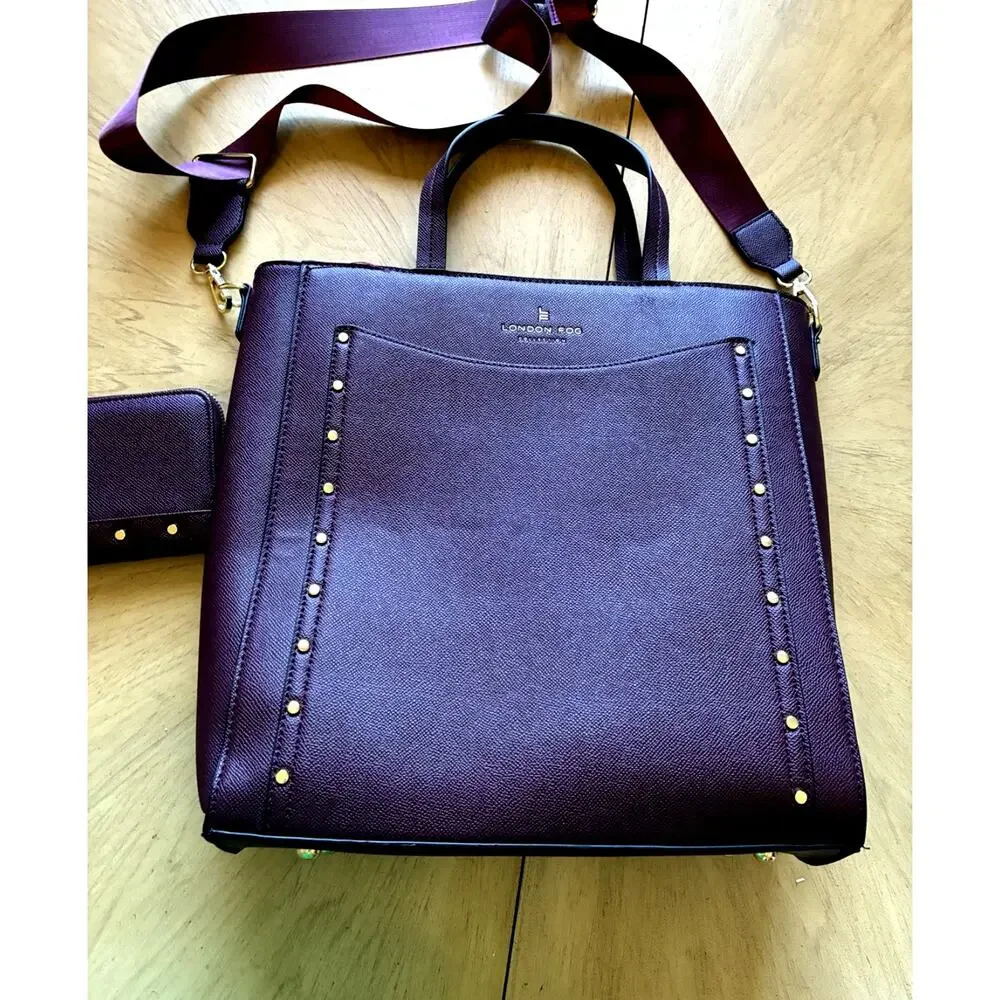 London Fog Sofia Studded Tote Bag & Matching Wallet Plum Burgundy Career Laptop